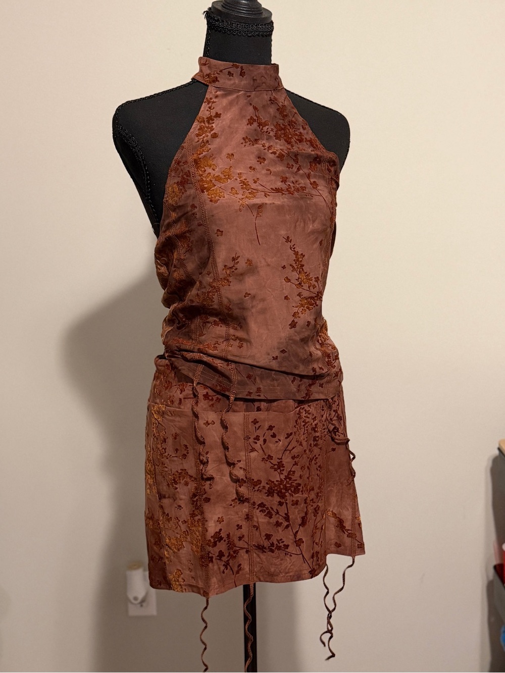 Fashion Nova Brown Floral Halter Mini Skirt Set with Burnout Detail